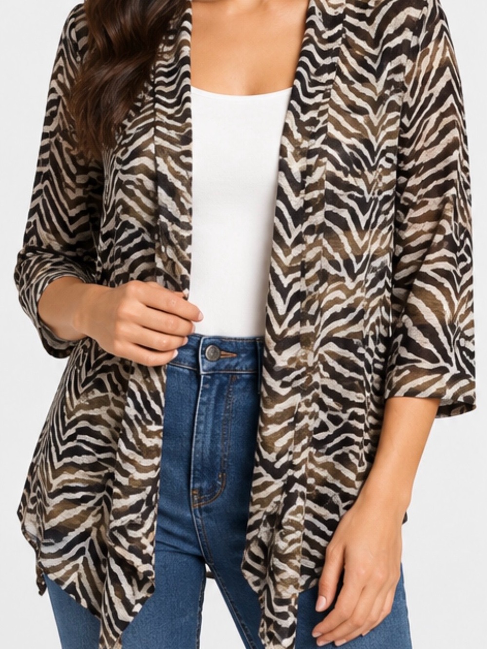 Onque Casuals Zebra-Print Open-Front Cardigan in Brown and Black